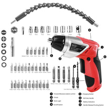 3.6 Volt Lithium-Ion Rechargeable Screwdriver with 45 Pieces Accessory Set - DT4944 cordless and bits shown with words: forward and reverse mechanism. chuck, work light, on/off switch, charger socket, soft grip handle, battery indicator, handle release