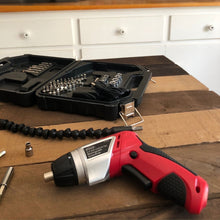 3.6 Volt Lithium-Ion Rechargeable Screwdriver with 45 Pieces Accessory Set - DT4944 cordless shown on table near open tool box