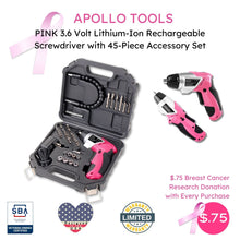 3.6 Volt Lithium-Ion Rechargeable Screwdriver with 45 Piece Accessory Set - Pink DT4944P shown with Apollo Tools logo and badges including lifetime warranty and Veteran Owned small business certification and donation to breast cancer