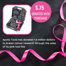 3.6 Volt Lithium-Ion Rechargeable Screwdriver with 45 Piece Accessory Set - Pink DT4944P. Apollo Tools has donated over 1.6 million dollars to breast cancer research through the sale of its pink tool line.  This product comes with a $0.75 donation