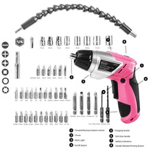 3.6 Volt Lithium-Ion Rechargeable Screwdriver with 45 Piece Accessory Set - Pink DT4944P cordless and bits shown with words: forward and reverse mechanism. chuck, work light, on/off switch, charger socket, soft grip handle, battery indicator, handle release