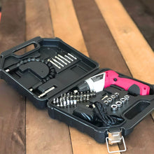 3.6 Volt Lithium-Ion Rechargeable Screwdriver with 45 Piece Accessory Set - Pink DT4944P shown open on table