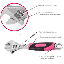 APOLLO TOOLS 2 Adjustable Wrenches - Pink - DT5007P shows a wrench and a detail of the wrench and call outs to these features. Smooth thumbscrew control
Convenient bonus hex holes
Comfortable non-slip grip handles
Precision laser marking measurements in SAE and metric
Box end for 6-points, 12-points bolts and fasteners