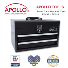 APOLLO TOOLS Black Steel Tool Chest with 2 Drawers and Ample Top Compartment -- DT5010 shown with Apollo Tools logo and badges including lifetime warranty, and Veteran Owned small business certification