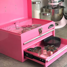 Apollo Tools 2-Drawer Pink Steel Chest -- DT5010P shown with top compartment and drawers open in kitchen setting