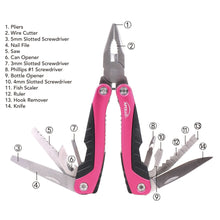 Apollo Tools 14-in-1 Pink High-Quality Pocket Multitool Pliers call out include: Includes:
Pliers
Wire / Cable Cutter
5mm Slotted Screwdriver
File
Saw
Can Opener
3mm Slotted Screwdriver
Phillips # 1 screwdriver
Bottle Opener
10mm slotted screwdriver
Fish Scaler
Ruler
Fishhook Remover
Knife