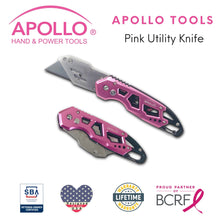 APOLLO TOOLS Ergonomic  Pink Utility Knife with Carabiner Clip and Fast-Change Blade - DT5017P shown with Apollo Tools logo and badges including lifetime warranty, proud partner of the Breast Cancer Research Foundation, and Veteran Owned small business certification