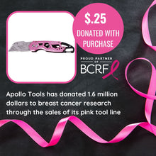 APOLLO TOOLS Ergonomic  Pink Utility Knife with Carabiner Clip and Fast-Change Blade - DT5017P Apollo Tools has donated over 1.6 million dollars to breast cancer research through the sale of its pink tool line.  The purchase of this product comes with a donation of $.25