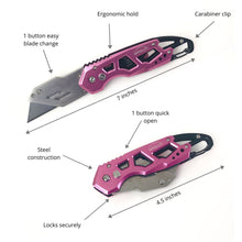 APOLLO TOOLS Ergonomic  Pink Utility Knife with Carabiner Clip and Fast-Change Blade - DT5017P shows open and closed and the words: 1 button easy blade change, ergonomic hold, carabiner clip, steel construction, 1 button quick open, locks securely and dimensions: 7 inches open and 4.5 inches closed