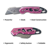 APOLLO TOOLS Ergonomic  Pink Utility Knife with Carabiner Clip and Fast-Change Blade - DT5017P shown open and closed with the words powerful, sleek, steel construction, ergonomic, safety button, foldable