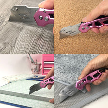 APOLLO TOOLS Ergonomic  Pink Utility Knife with Carabiner Clip and Fast-Change Blade - DT5017P shows product cutting vinyl, cork, paper and carpeting