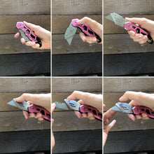 APOLLO TOOLS Ergonomic  Pink Utility Knife with Carabiner Clip and Fast-Change Blade - DT5017P shows product being folded and blade removed in series of vignettes