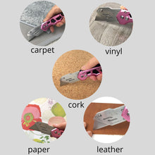 APOLLO TOOLS Ergonomic  Pink Utility Knife with Carabiner Clip and Fast-Change Blade - DT5017P vignettes of product in use and the words carpet, vinyl, cork, paper, leather