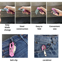 APOLLO TOOLS Ergonomic  Pink Utility Knife with Carabiner Clip and Fast-Change Blade - DT5017P vignettes of product in use and the words:  belt clip
carabiner
Easy blade change
Easy to fold
Convenient size
Steel construction