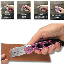 APOLLO TOOLS Ergonomic  Pink Utility Knife with Carabiner Clip and Fast-Change Blade - DT5017P shows vignettes of products in use and the words:  easy blade change, easy to fold, steel construction, convenient size