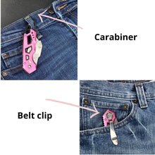 APOLLO TOOLS Ergonomic  Pink Utility Knife with Carabiner Clip and Fast-Change Blade - DT5017P shows the product in use and the word carabiner and belt clip