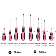 Apollo Tools 8 Pink Essential Screwdriver Set DT5018P shown with sizes:  6mm x 100mm 1/4 in x 4 in
3 mm x 75 mm 1/8 in x 3 in
6 mm x 38 mm 1/4 in x 1.5 in
PH#2 x 100mm PH2 x 4 in
5 mm x 75 mm 3/16 in x 3 in
PH#1 x 75mm PH1 x 3 in
PH#0 x 75mm PH0 x 3 in
PH#2 x 38 mm PH2 x 1.5 in