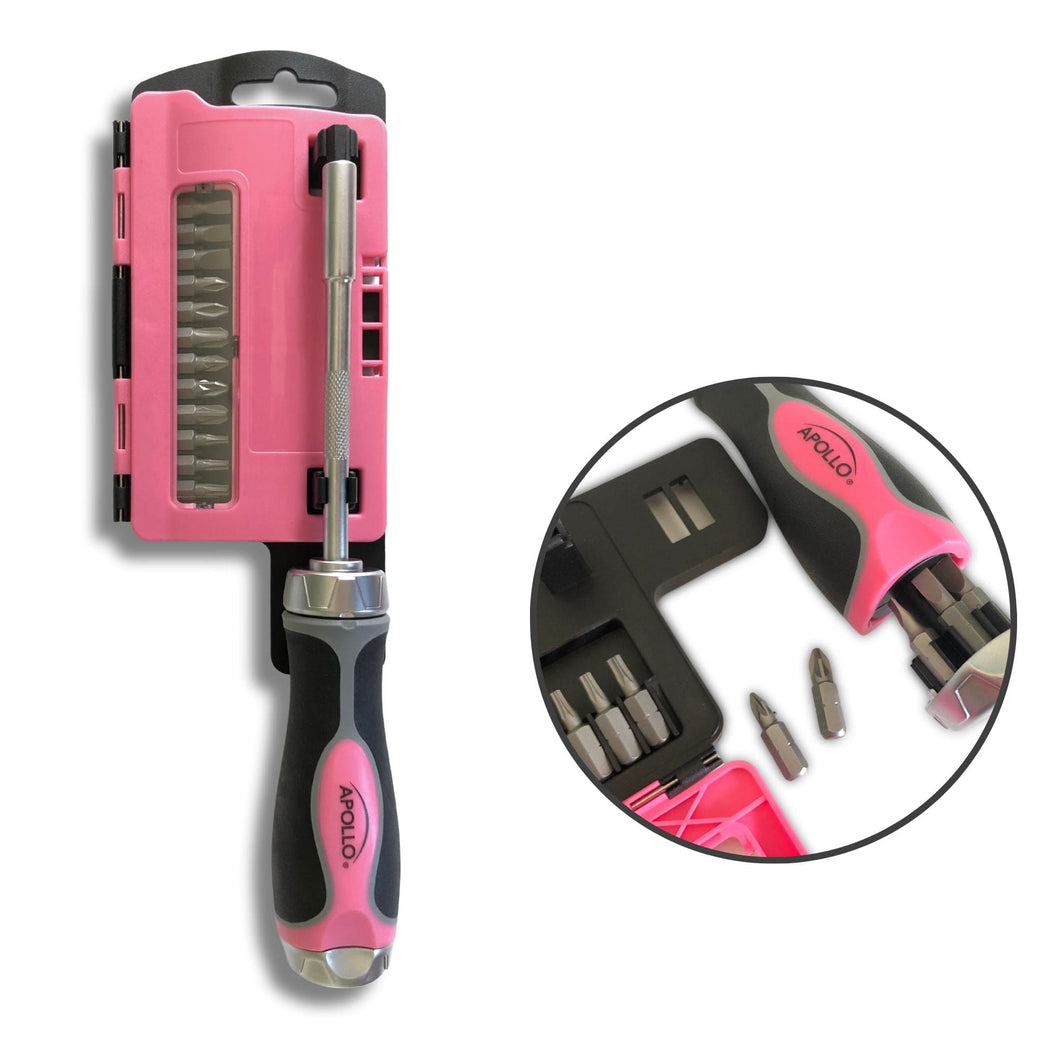 APOLLO TOOLS 13-in-1 Ratcheting Screwdriver with Bit Set – Pink -DT5021P