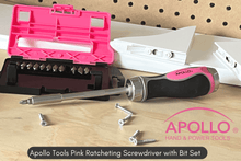 APOLLO TOOLS 13-in-1 Ratcheting Screwdriver with Bit Set – Pink -DT5021P Lifestyle image of the open product and case near DIY elements on wood surface.  Screws on foreground and shelving and peg board on background
