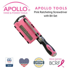 APOLLO TOOLS 13-in-1 Ratcheting Screwdriver with Bit Set – Pink -DT5021P shown with Apollo Tools logo and badges including lifetime warranty, proud partner of the Breast Cancer Research Foundation, and Veteran Owned small business certification