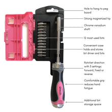 APOLLO TOOLS 13-in-1 Ratcheting Screwdriver with Bit Set – Pink -DT5021P call out include: Hole to hang to peg 
 board, Ratchet direction with 3 settings:
 forward, fixed or reverse
12 most-used bits, Additional bit
storage space, Convenient case
 holds and stores bit driver and bits,
Chrome vanadium shaft, Comfortable grip
 reduces hand fatigue, Strong magnetized tip