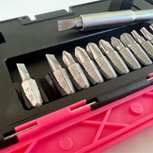 APOLLO TOOLS 13-in-1 Ratcheting Screwdriver with Bit Set – Pink -DT5021P detail of 1 inch bit inside case