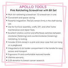 APOLLO TOOLS 13-in-1 Ratcheting Screwdriver with Bit Set – Pink -DT5021P features include: Multi-bit ratcheting screwdriver: 12 screwdrivers in one.
Convenient and space-saving. Powerful magnetism. The bits remain firmly in the shaft during use. Use for furniture assembly, crafts, DIY, and other home maintenance and repair tasks. Excellent rotation control and effortlessly switches between clockwise (fastening) and counterclockwise (loosening) ratcheting, to locking. Includes 12 bits