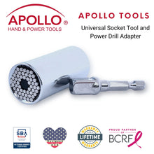 APOLLO TOOLS Universal Socket Tool and Power Drill Adapter - DT5022 shown with Apollo Tools logo and badges including lifetime warranty, proud partner of the Breast Cancer Research Foundation, and Veteran Owned small business certification