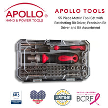 55 Piece Metric Tool Set with Ratcheting Bit Driver, Precision Bit Driver and Bit Assortment - DT5024  shown with Apollo Tools logo and badges including lifetime warranty, proud partner of the Breast Cancer Research Foundation, and Veteran Owned small business certification