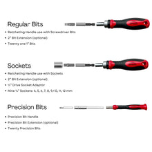 55 Piece Metric Tool Set with Ratcheting Bit Driver, Precision Bit Driver and Bit Assortment - DT5024 content includes: Precision Bit Handle
Precision Bit Extension (optional)
Twenty Precision Bits
Precision Bits
Regular Bits
Ratcheting Handle use with Sockets 
2” Bit Extension (optional)
¼” Drive Socket Adaptor
Nine ¼” Sockets: 4, 5, 6, 7, 8, 9,1 0, 11, 12 mm
Sockets
Ratcheting Handle use with Screwdriver Bits
2” Bit Extension (optional)
Twenty one 1” Bits