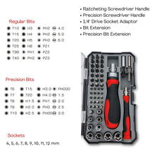 55 Piece Metric Tool Set with Ratcheting Bit Driver, Precision Bit Driver and Bit Assortment - DT5024 content includes: Ratchet Screwdriver Bit Handle 
One 2” Bit Extension
Twenty one 1” bits 
Flat: 4, 5, 6 mm 
Phillips: PH1, 3 x PH2, PH3.
Torx: T10, T15, T20, T25, T30, T40 
Hexagon: H3, H4, H5, H6 
Pozidrive PZ1, PZ2, PZ3
Precision Bit Handle 
Precision Bit Extension 
Twenty Precision Bits 
Flat: 1.5, 2, 2.5, 3mm 
Phillips: PH000, PH00, PH0, PH1 
Torx: T6, T7, T8, T9, T10, T15, T20  
Hexagon: H1.5, H2, H2.