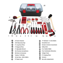 APOLLO TOOLS 170 Piece Household Tool Kit with New and Improved Tool Box - DT7103 shows all tools and callouts 
13 Ounce Hammer
12ft. Measuring Tape
6" Long Nose Pliers
6" Diagonal Pliers
6" Adjustable Wrench
Six Precision Screwdrivers
Bit Driver & Connector
Twenty 1" CRV Bits
16 Hex Keys - SAE & Metric
9" Plastic Level
6" Hacksaw + 5 extra blades
Screwdriver set
Screws & Anchors Assortment
Utility Knife
8 oz. Rubber Mallet
Four Combination Wrenches
Voltage Tester
8" Crimping Pliers
Scissors
Box