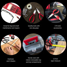 APOLLO TOOLS 170 Piece Household Tool Kit with New and Improved Tool Box - DT7103 shows vignettes of tools in use with words:  Great for big and small maintenance and repairs
170 tools
accessories
Hacksaw 
and 5 blades
12-foot 
tape measure
Sturdy case with interior removable tray and top compartments
Quality tools with 
non-slip grips