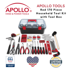 APOLLO TOOLS 170 Piece Household Tool Kit with New and Improved Tool Box - DT7103 shown with Apollo Tools logo and badges including lifetime warranty, and Veteran Owned small business certification