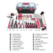 Apollo Tools 170 Piece Household Tool Kit with New and Improved Tool Box  PINK- DT7103P shows all tools and callouts 
13 Ounce Hammer
12ft. Measuring Tape
6" Long Nose Pliers
6" Diagonal Pliers
6" Adjustable Wrench
Six Precision Screwdrivers
Bit Driver & Connector
Twenty 1" CRV Bits
16 Hex Keys - SAE & Metric
9" Plastic Level
6" Hacksaw + 5 extra blades
Screwdriver set
Screws & Anchors Assortment
Utility Knife
8 oz. Rubber Mallet
Four Combination Wrenches
Voltage Tester
8" Crimping Pliers
Scissors
Box