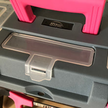 Apollo Tools 170 Piece Household Tool Kit with New and Improved Tool Box  PINK- DT7103P shows close  up of toolbox and top compatrment
