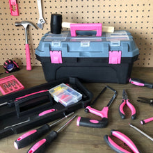 Apollo Tools 170 Piece Household Tool Kit with New and Improved Tool Box  PINK- DT7103P shows lifestyle image of tool set against wood and peg board background