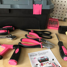 Apollo Tools 170 Piece Household Tool Kit with New and Improved Tool Box  PINK- DT7103P detail of tool and a few tools shown with pamphlet on foreground