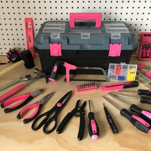 Apollo Tools 170 Piece Household Tool Kit with New and Improved Tool Box  PINK- DT7103P shows a lifestyle image of tool box and all tools set on wood table