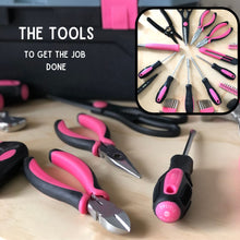 Apollo Tools 170 Piece Household Tool Kit with New and Improved Tool Box  PINK- DT7103P lifestyle images shows vignette of all tools and a close up of some tools