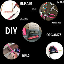 Apollo Tools 170 Piece Household Tool Kit with New and Improved Tool Box  PINK- DT7103P shows vignettes of tools in use and the words repair, make, craft, maintain, DIY, organize, build