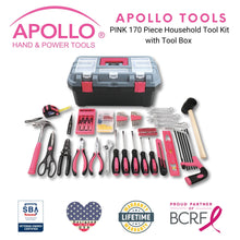 Apollo Tools 170 Piece Household Tool Kit with New and Improved Tool Box  PINK- DT7103P shown with Apollo Tools logo and badges including lifetime warranty, proud partner of the Breast Cancer Research Foundation, and Veteran Owned small business certification