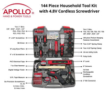 APollo Tools 144 Piece Household Tool Kit with 4.8V Cordless Screwdriver - DT8422 call outs include: Ten 1" Bits:
1/8", 5/32", 3/16", 1/4"
PH1, PH2, Ph3
PZ1, PZ2, PZ3
4" x 1/4" Screwdriver
6"Long Nose Pliers
4" x #2 Screwdriver
PVC Electrical Tape
7 oz Claw Hammer
Digital Voltage Tester
12 ft. Tape Measure
100 piece Picture Hanging Fastener Assortment
Two 2-1/2" Spring Clamp
Two 3-1/2"Spring Clamp
18 mm Utility Knife
Putty Knife
8" Scissors
2" Bit Connector
4.8 Volt Rechargeable
Cordless Screwdriver