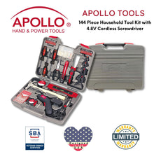 Apollo Tools 144 Piece Household Tool Kit with 4.8V Cordless Screwdriver - DT8422 shown with Apollo Tools logo and badges including lifetime warranty and Veteran Owned small business certification