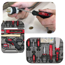 Apollo Tools 144 Piece Household Tool Kit with 4.8V Cordless Screwdriver - DT8422 vignettes of closeup of product open case and screwdriver in use