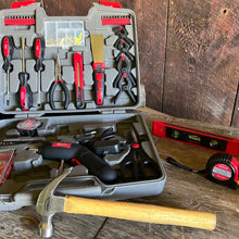 APollo Tools 144 Piece Household Tool Kit with 4.8V Cordless Screwdriver - DT8422 shown open against wood background