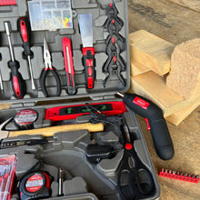 Apollo Tools 144 Piece Household Tool Kit with 4.8V Cordless Screwdriver - DT8422 detail of tool set against wood background