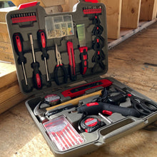 APollo Tools 144 Piece Household Tool Kit with 4.8V Cordless Screwdriver - DT8422 shown open against construction background