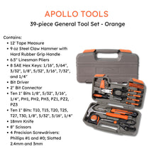 Apollo Tools 39 piece tool set DT9706OR (orange) content includes: 6.5" Linesman Pliers
9 oz Steel Claw Hammer with Hard Rubber Grip Handle
12 ft. Tape Measure
Utility Knife
8" Scissors
Four Precision Screwdrivers: 
Bit Driver
2" Bit Connector
Twenty 1" Bits
Eight SAE Hex Keys