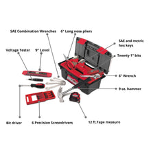 Apollo Tools 53 Piece Household Tool Kit with Tool Box - DT9773 content includes: 
Tape Measure
Claw Hammer
Long Nose Pliers
Adjustable Wrench
Voltage Tester
Bit Driver
Eight SAE Hex Keys
Eight Metric Hex Keys
Four SAE Combination Wrenches
Twenty 1" Bits
Level
Precision Screwdrivers
